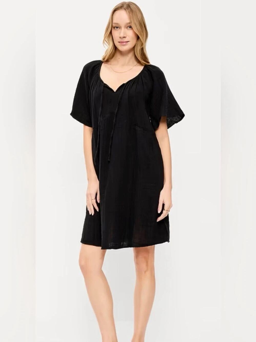Old Navy Size Large Tall Crinkle Gauze Flutter-Sleeve Mini Swing Dress Black NWT